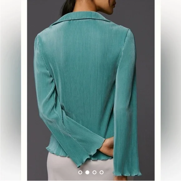 Anthropologie Dolan Lettuce Hem Teal Turquoise Button Front Pleated Shirt Top - Picture 3 of 9